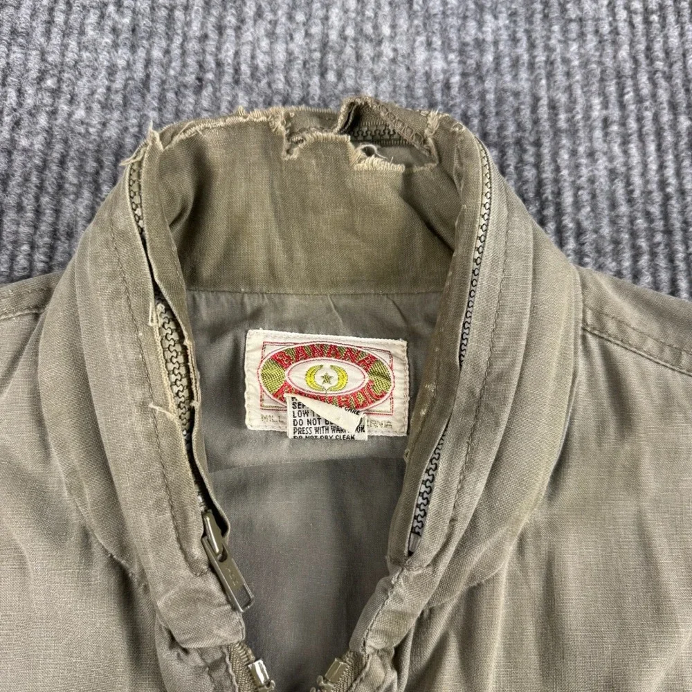 Vtg Banana Republic Safari Vest Mens XL Khaki Zip Hood Utility Fishing Cotton